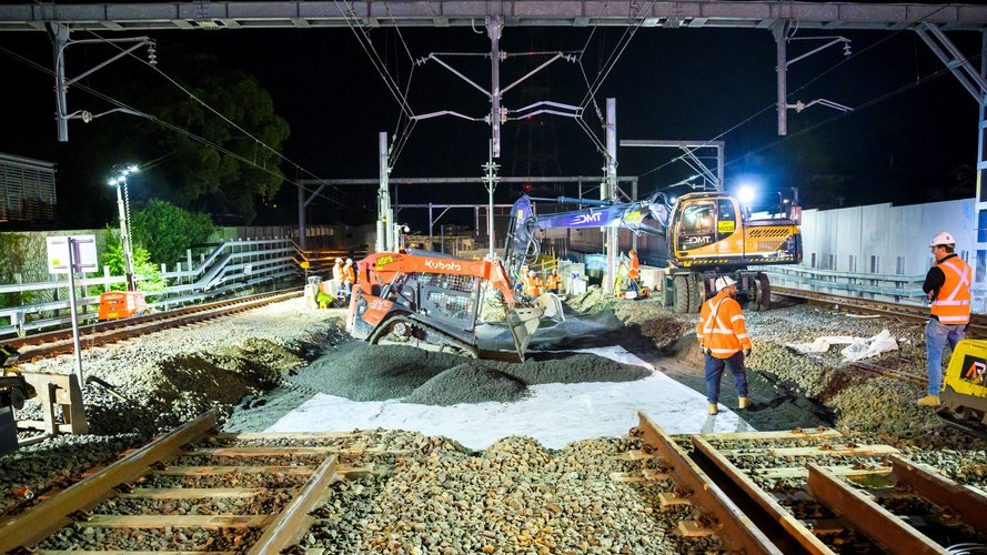 Heavy machinery used to lay track at Sydney Metro's Chatswood Station