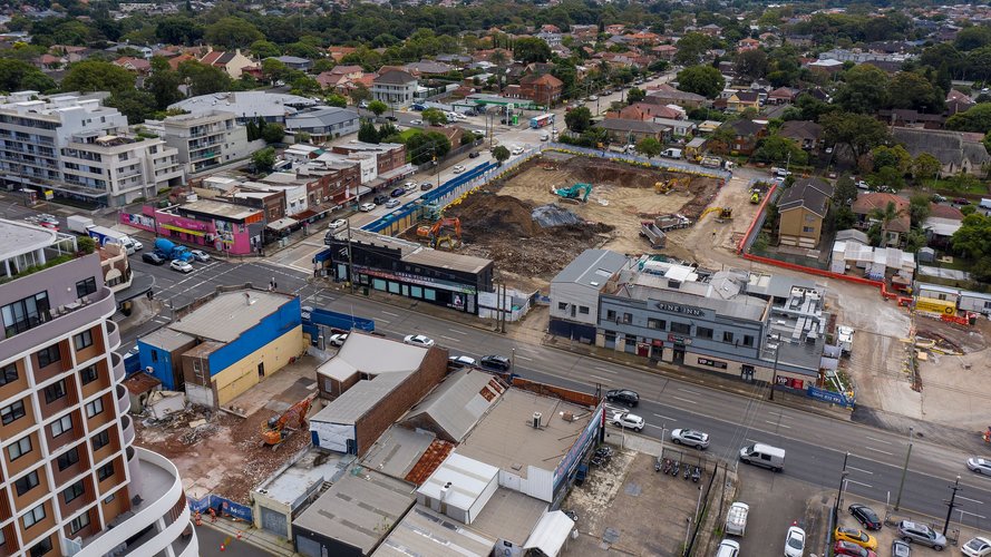 A bird's eye view of the excavation works at Sydney Metro's Burwood North Station construction site.