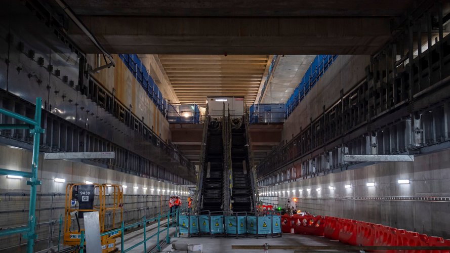 Ground level view of escalators inside Sydney Metro's Barangaroo Station