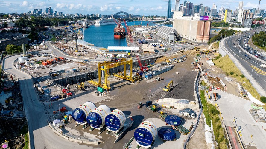 Aerial shot of cutterhead component of a tunnel boring machine (TBM) arrival at White Bay, Sydney.