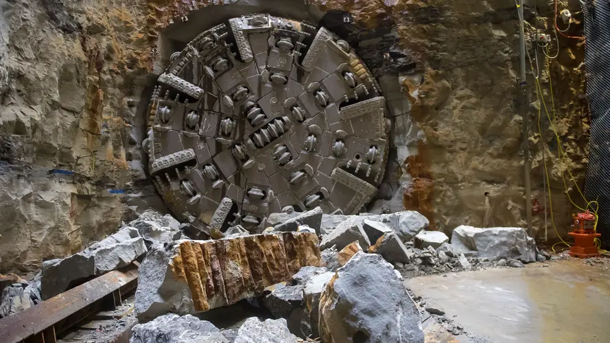 Tunnel Boring Machine (TBM) Wendy breaking through the sandstone at Sydney Metro's Blues Point.