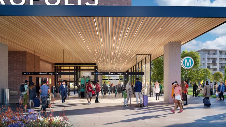 An artists impression of people are moving around the Aerotropolis Station concourse
