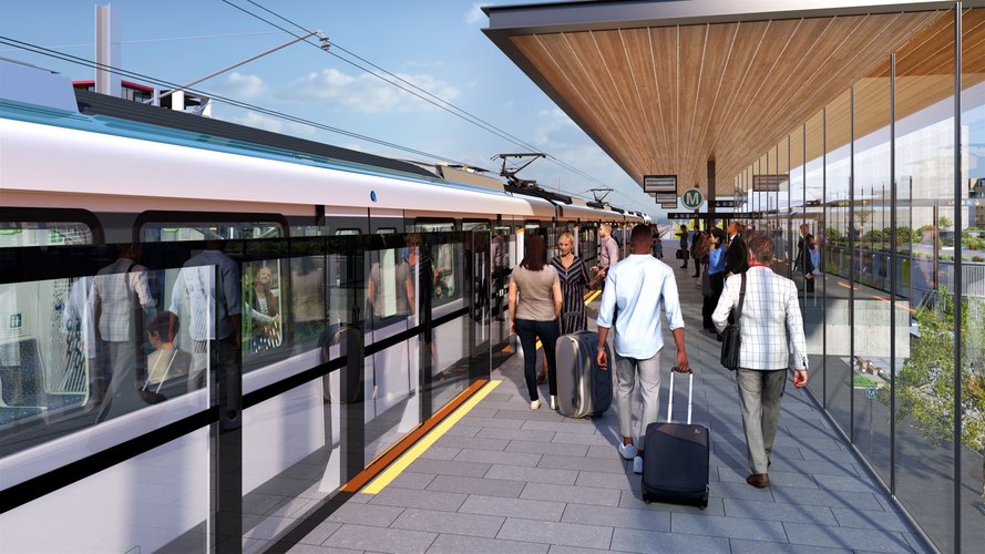 Artist impression of people walking along Luddenham Station platform. There is a Sydney Metro train pulling pulling into the platform behind the platform screen doors