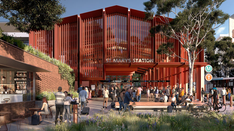 Artist's impression commuters walking outside of the new St Marys Metro Station.