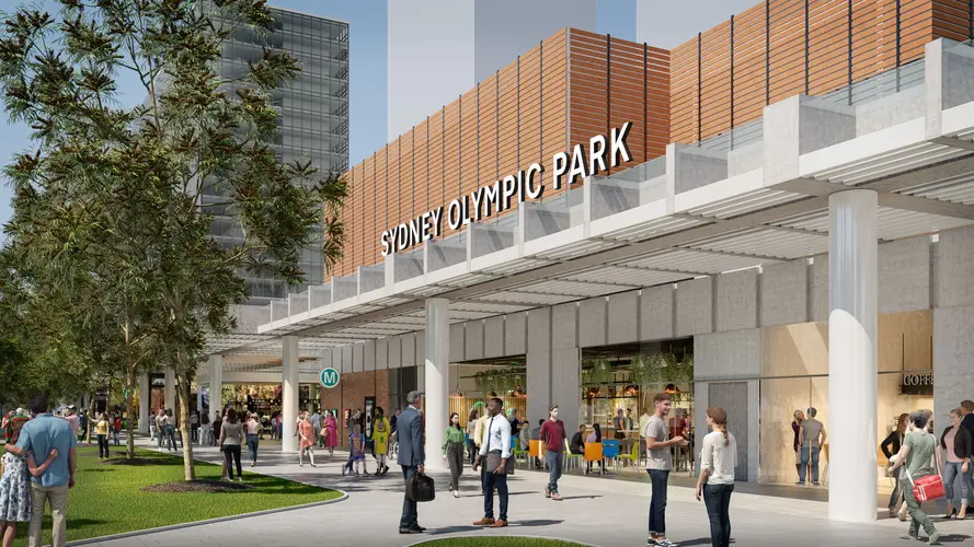 Artists impression of commuters travelling outside of the entrance of Sydney Metro's Sydney Olympic Park