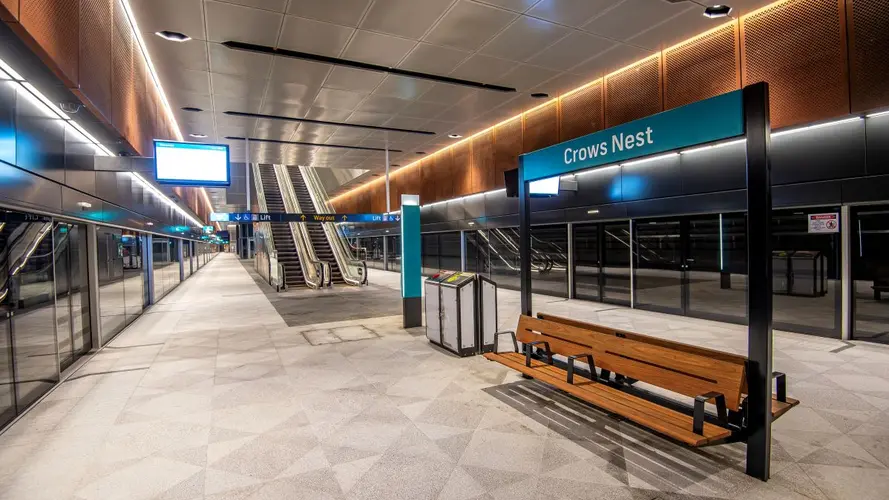 Passenger's waiting bench at Crows Nest Station with platforms on both the sides