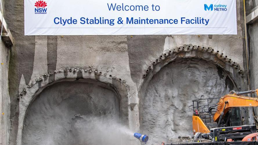Welcome sign for Clyde Stabling & Maintenance Facility hanging about the tunnel