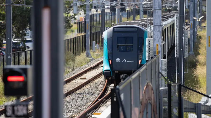 Train set (TS) 28 in testing mode on the Sydney Metro Southwest line