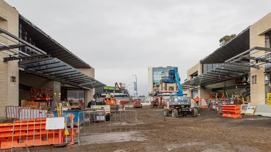 Bankstown Plaza with station entrances, Sydney Metro (left) and Sydney Trains (right)