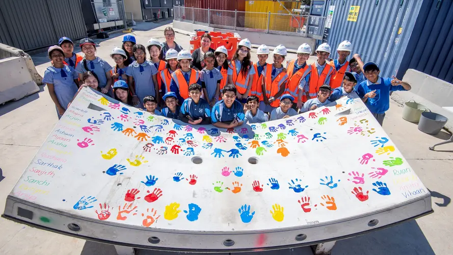 Westmead Primary School students with handprints