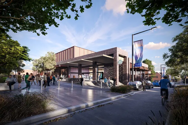 Artist's impression of the street view of commuters travelling in and out of Sydney Metro's Five Dock Station.