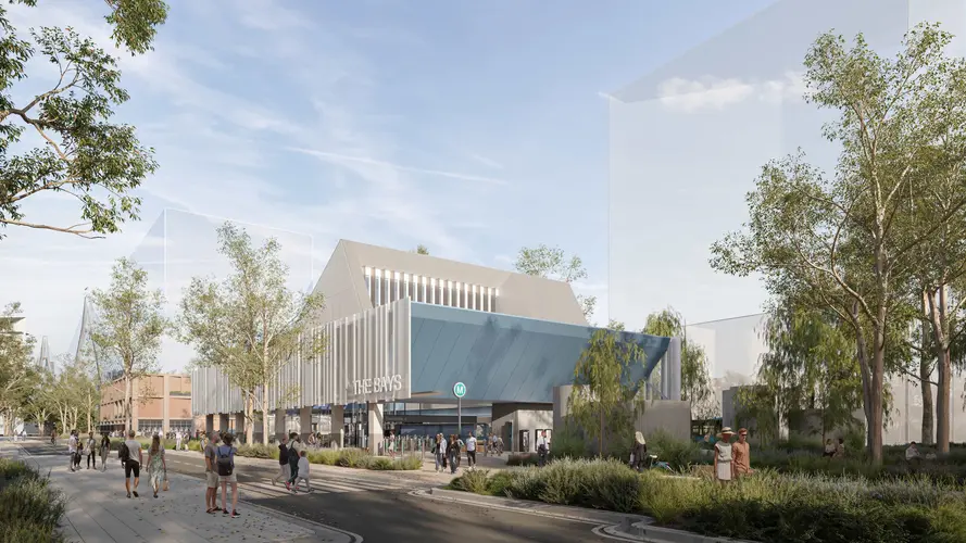 Artist's impression of commuters outside the entrance of Sydney Metro's The Bays Station