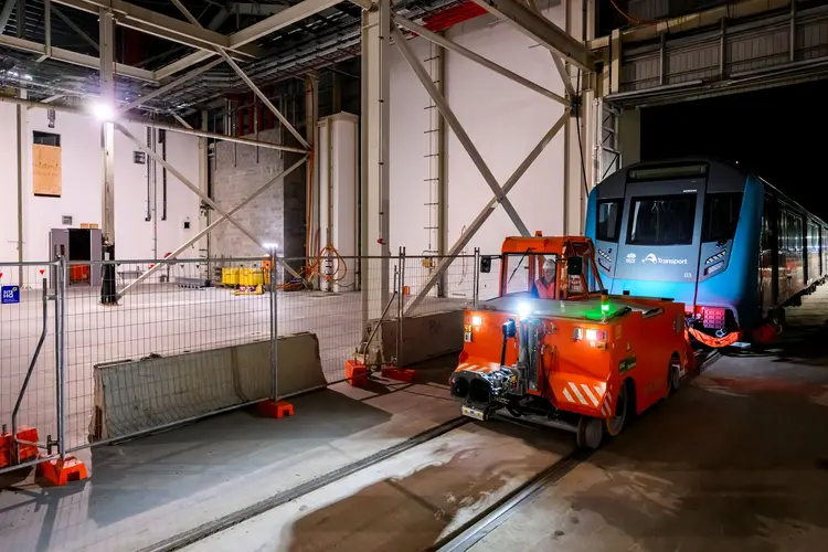 WSA train being moved into the SMF building at Orchard Hills