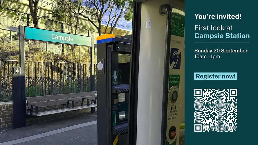 Image of Campsie station platform with QR code linking to events (link also in article)
